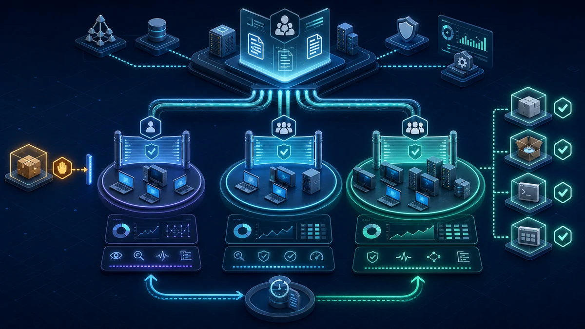 Technical graphic: a central AppLocker policy is distributed to Windows systems through staged audit, pilot and enforcement groups