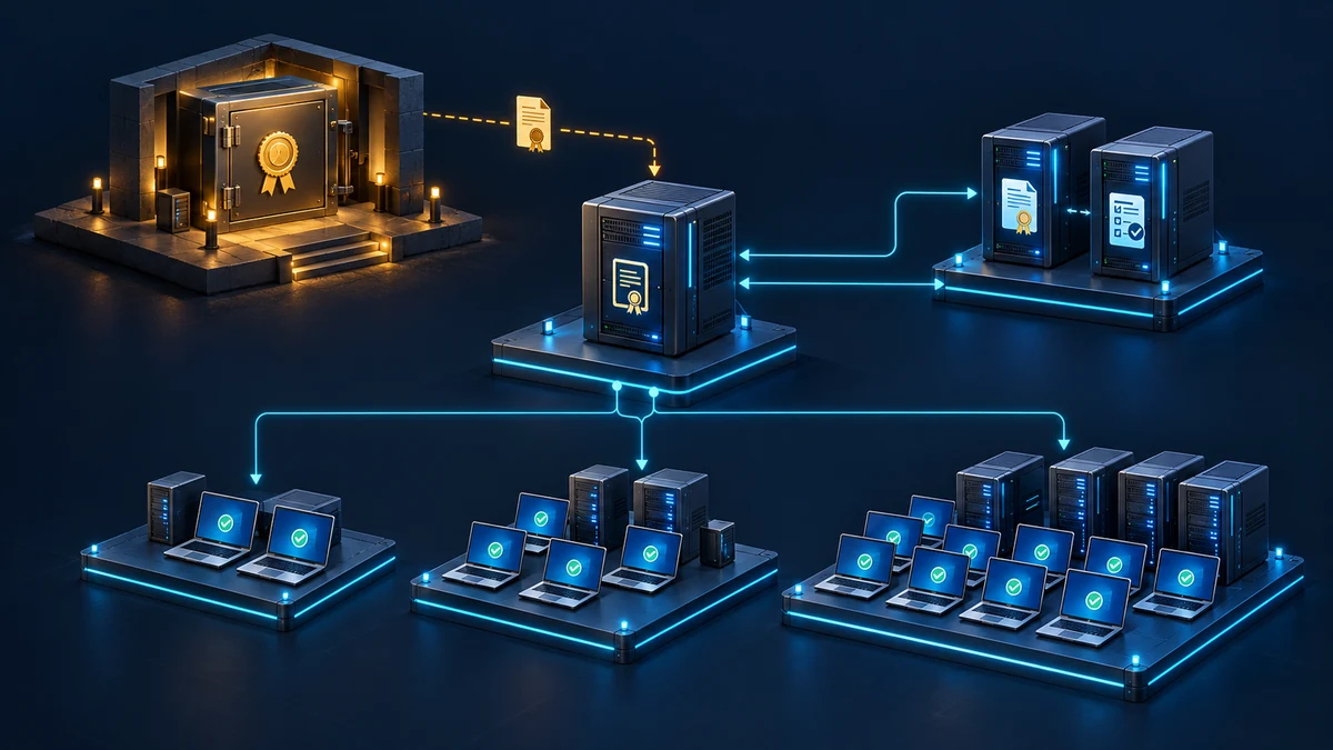 Technische Illustration einer zweistufigen PKI: isolierte Root-CA, ausstellende CA und kontrollierte Zertifikatsverteilung an Pilotgeräte