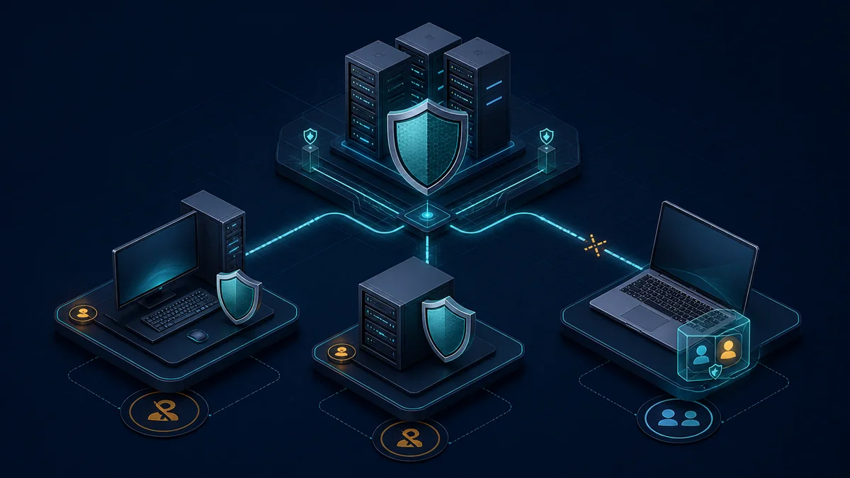 Technical illustration: servers and privileged systems authenticate online while a mobile domain laptop retains only a small protected offline logon cache