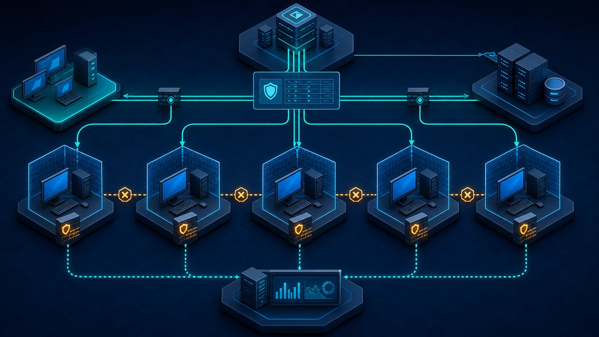 Technische Grafik: Zentral verwaltete Windows-Client-Firewalls trennen Arbeitsstationen und erlauben nur eng definierte Verwaltungswege