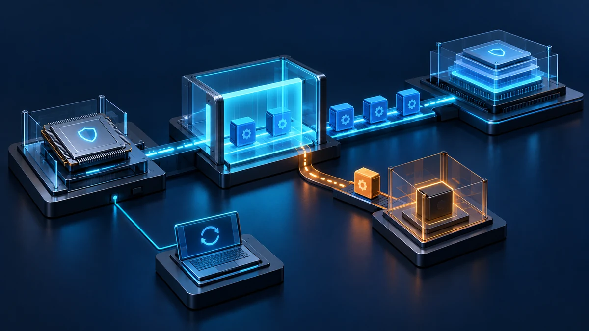 Abstrakte technische Grafik: Eine frühe Prüfstelle kontrolliert Treibermodule auf dem Weg zum Windows-Kernel; ein separater Prüfpfad und eine Recovery-Konsole ergänzen die Startkette