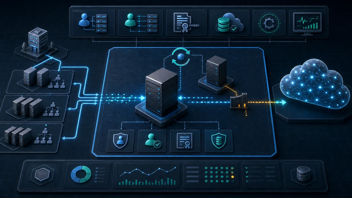 Technische Grafik: Ein gehärteter Microsoft-Entra-Connect-Server synchronisiert Identitäten zwischen Active Directory und Cloud über kontrollierte und überwachte Pfade