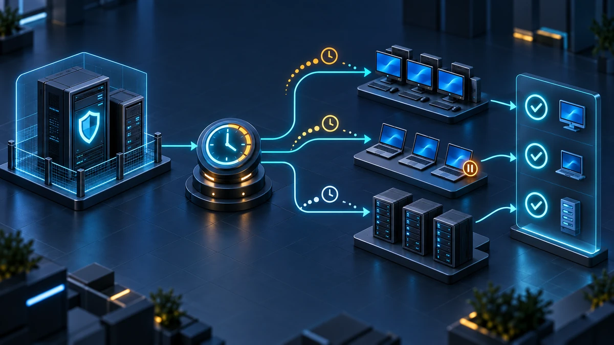 Technische Grafik: Eine zentrale Richtlinie erreicht zeitversetzt mehrere Gerätegruppen; Neustartbedarf und die Prüfung der wirksamen Konfiguration sind getrennte Schritte