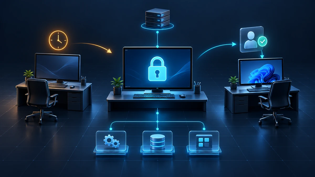 Technical illustration of centrally managed session locking: an unattended Windows workstation locks and becomes accessible again only after authentication