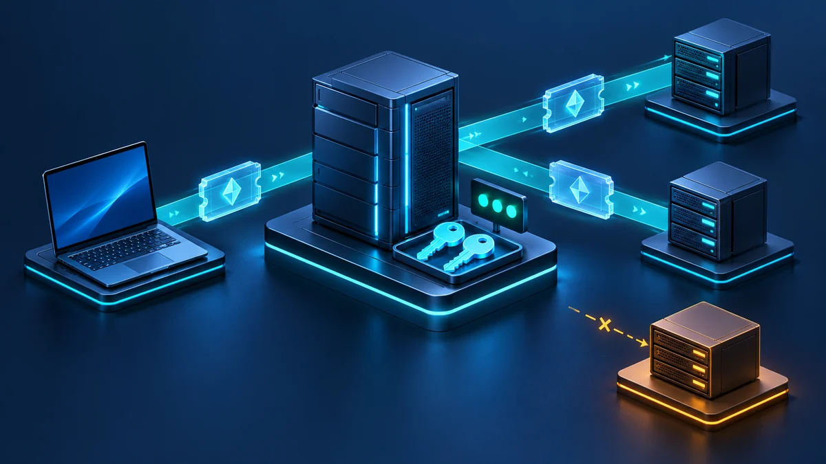 Technische Illustration einer Kerberos-Migration mit abgestimmten AES-Schlüsseln, geprüftem Ticket und getrenntem Legacy-Pfad