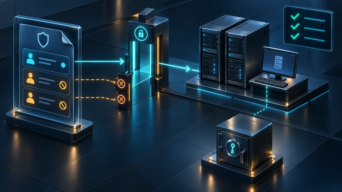 Technische Illustration: geprüfte Betriebsrollen erhalten Zugang zur Konsole eines Mitgliedsservers, während allgemeine Benutzer außerhalb des freigegebenen Anmeldepfads bleiben