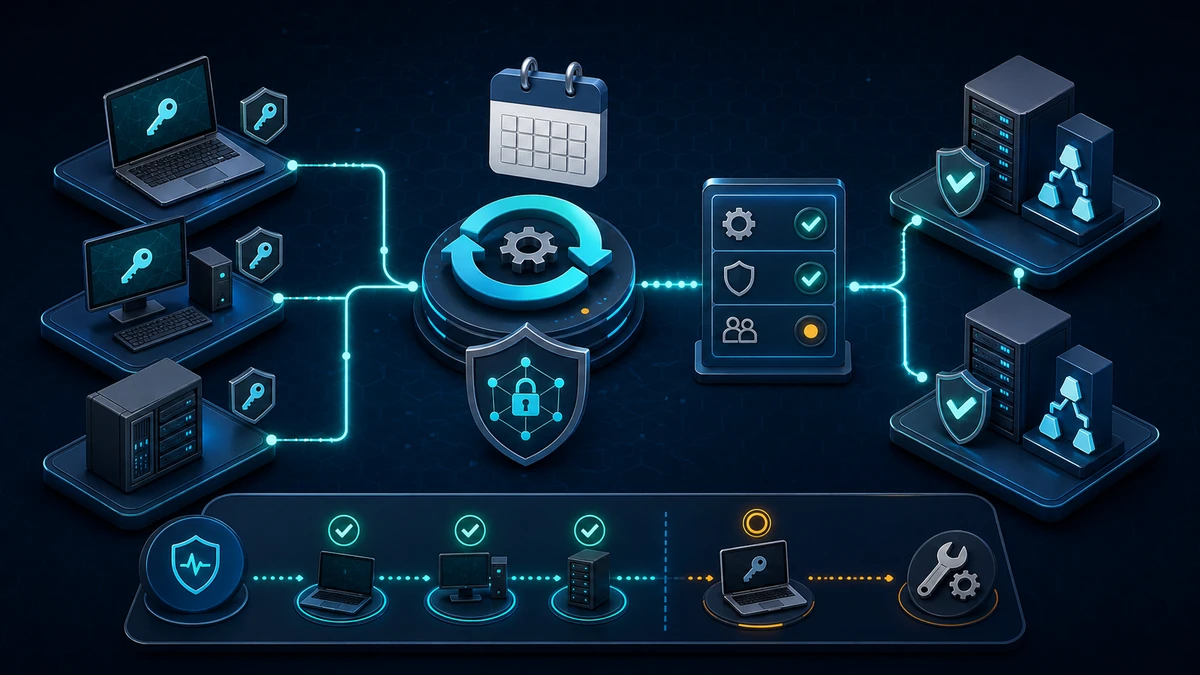 Technical graphic: domain members rotate machine account passwords through Netlogon while monitoring identifies stale systems and trust failures