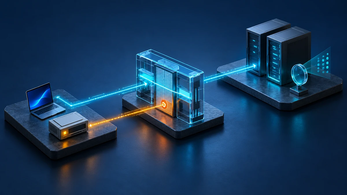 Technische Illustration einer Authentifizierungsrichtlinie: Ein moderner Verbindungspfad passiert die Prüfung, während ein veralteter Pfad gesperrt wird