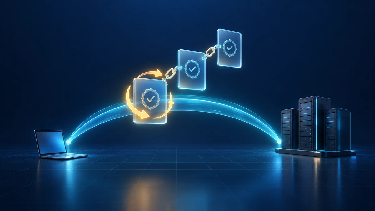 Technische Illustration einer geschützten RDP-Verbindung zwischen Admin-Arbeitsplatz und Server mit Zertifikatsvertrauen und kontrollierter Erneuerung