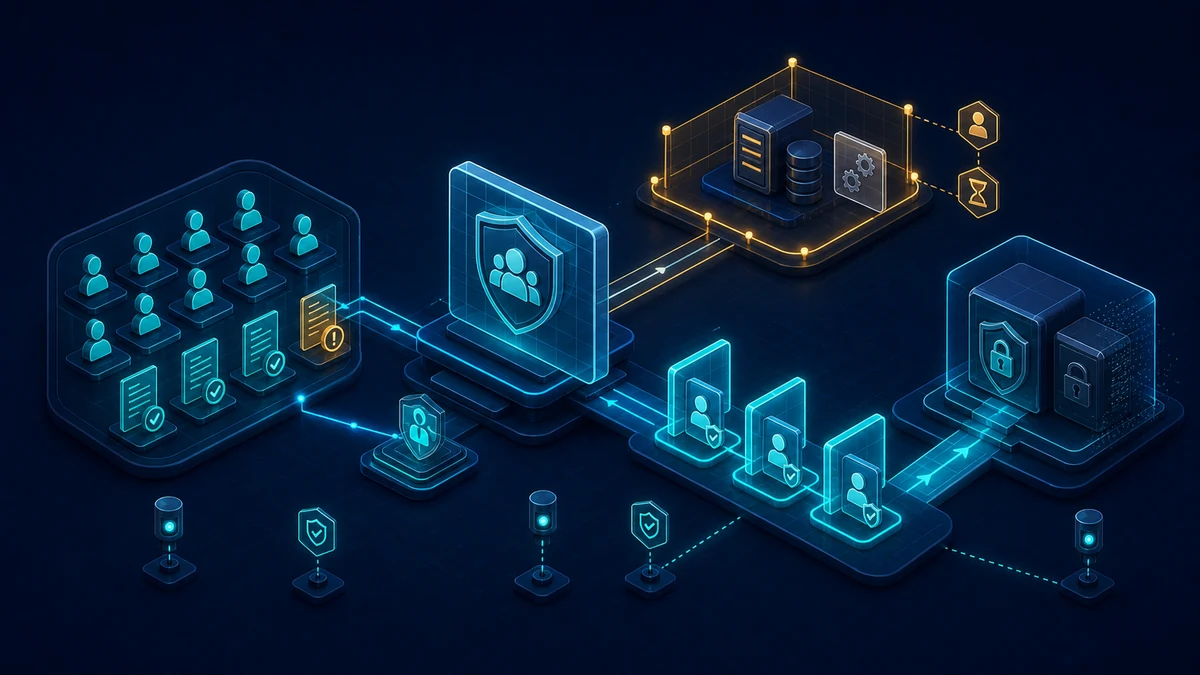 Technische Grafik: Active-Directory-Konten werden inventarisiert, eine Legacy-Authentifizierung wird isoliert und Kennwörter durchlaufen nach der Policy-Härtung eine kontrollierte Rotation in einen nicht reversiblen Speicherpfad