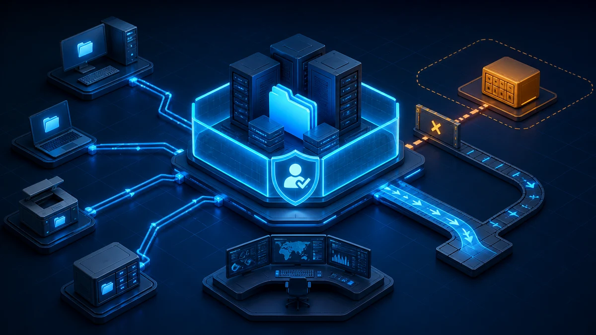 Technical illustration: authenticated SMB clients pass a guarded file-share gateway while anonymous guest access is blocked