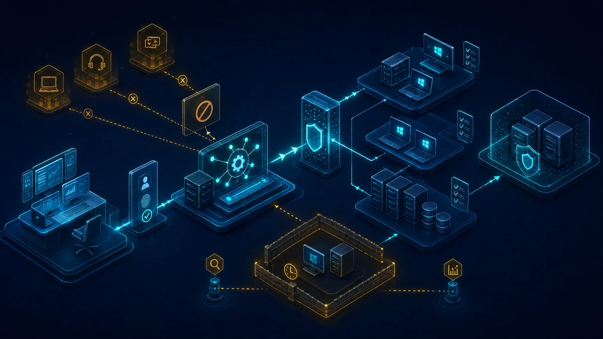 Technical graphic: approved remote administration passes identity and execution controls; unapproved RMM paths stop before the separate Tier 0 zone