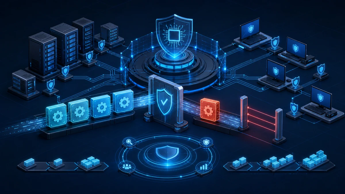 Technical illustration: a central policy allows approved drivers through and blocks a vulnerable kernel driver before it reaches servers and clients